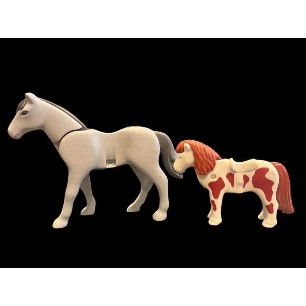 2000s‎ Playmobil Lot of 2 Horses, Brown & White Shetland Pony & Gray Adult Horse